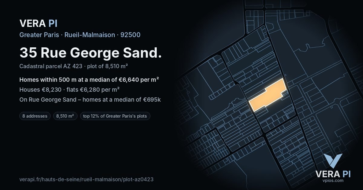 35 Rue George Sand, Rueil-Malmaison at night – the plot lit, the parcels around coloured by the prices near them