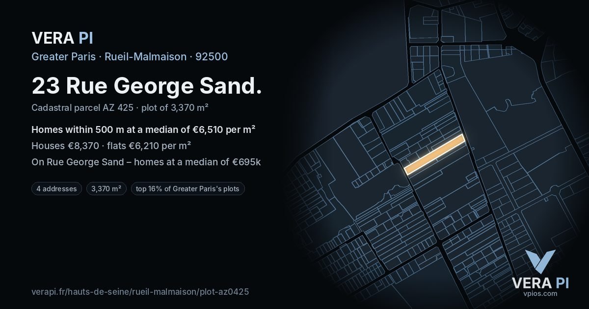 23 Rue George Sand, Rueil-Malmaison at night – the plot lit, the parcels around coloured by the prices near them