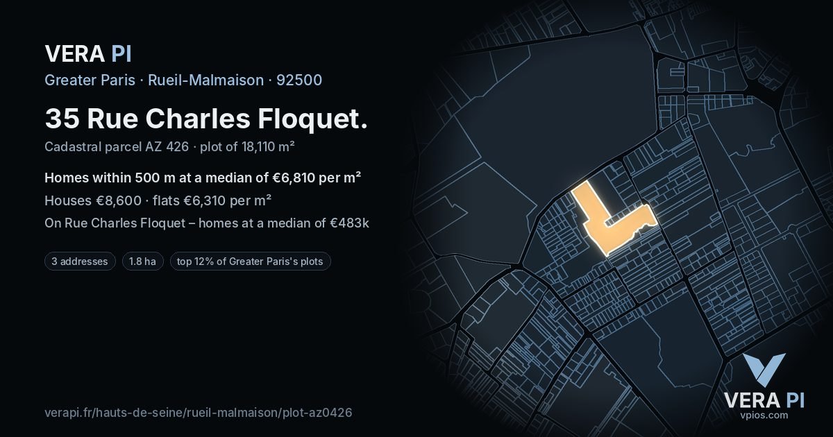 35 Rue Charles Floquet, Rueil-Malmaison at night – the plot lit, the parcels around coloured by the prices near them