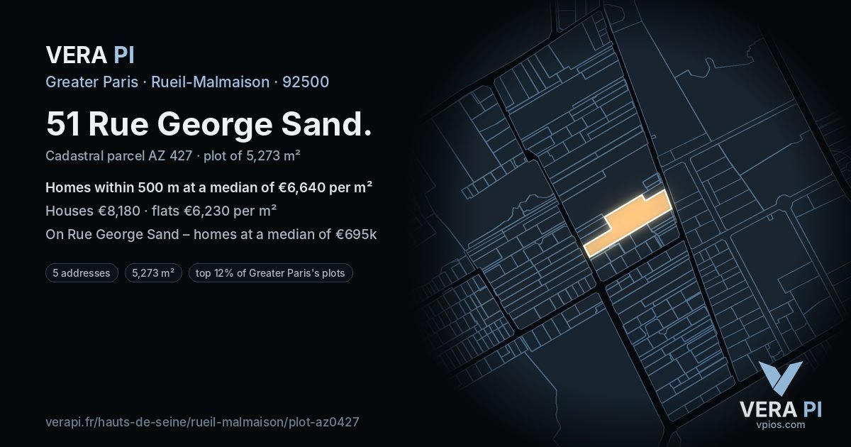 51 Rue George Sand, Rueil-Malmaison at night – the plot lit, the parcels around coloured by the prices near them
