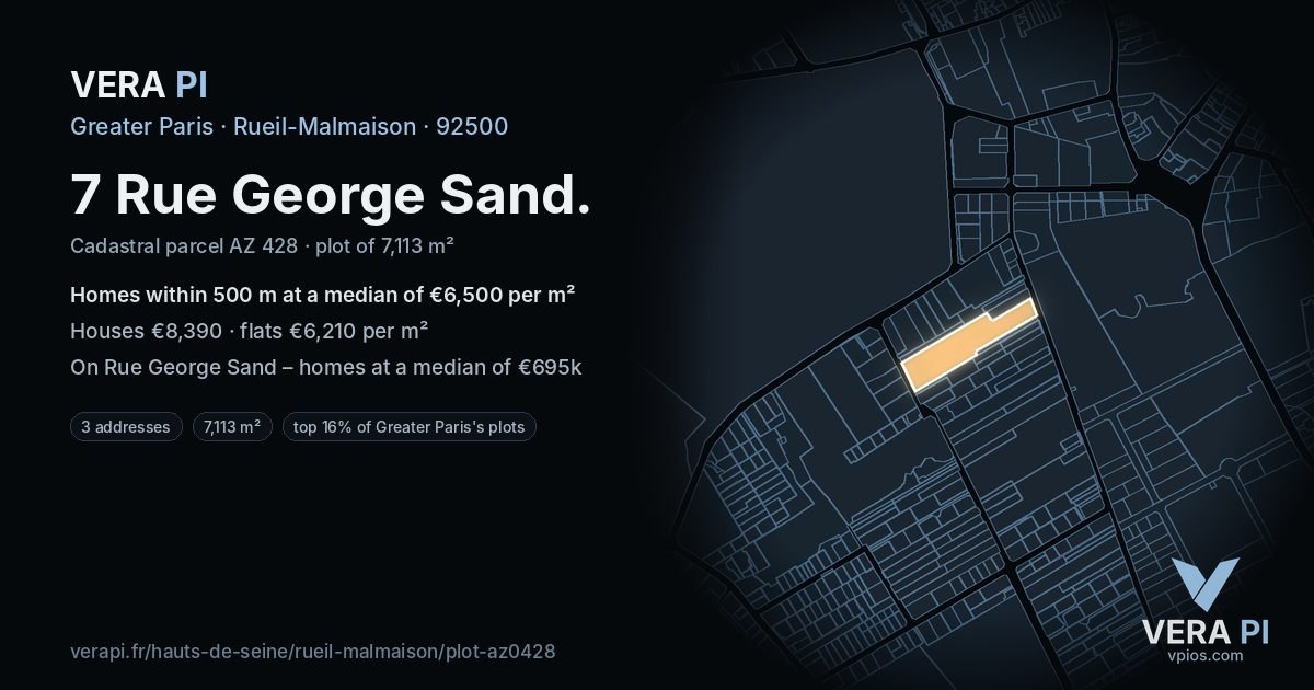 7 Rue George Sand, Rueil-Malmaison at night – the plot lit, the parcels around coloured by the prices near them