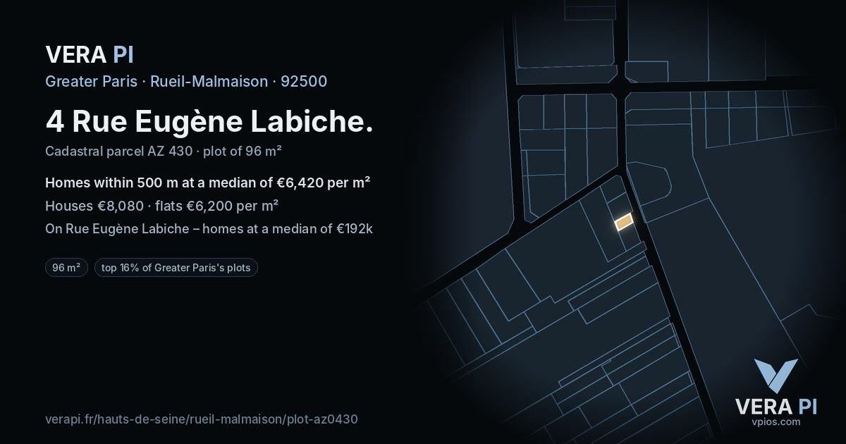 4 Rue Eugène Labiche, Rueil-Malmaison at night – the plot lit, the parcels around coloured by the prices near them