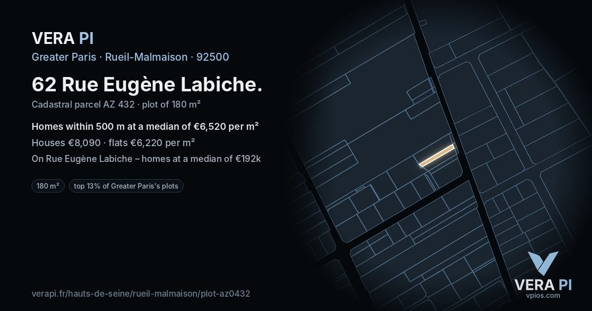 62 Rue Eugène Labiche, Rueil-Malmaison at night – the plot lit, the parcels around coloured by the prices near them