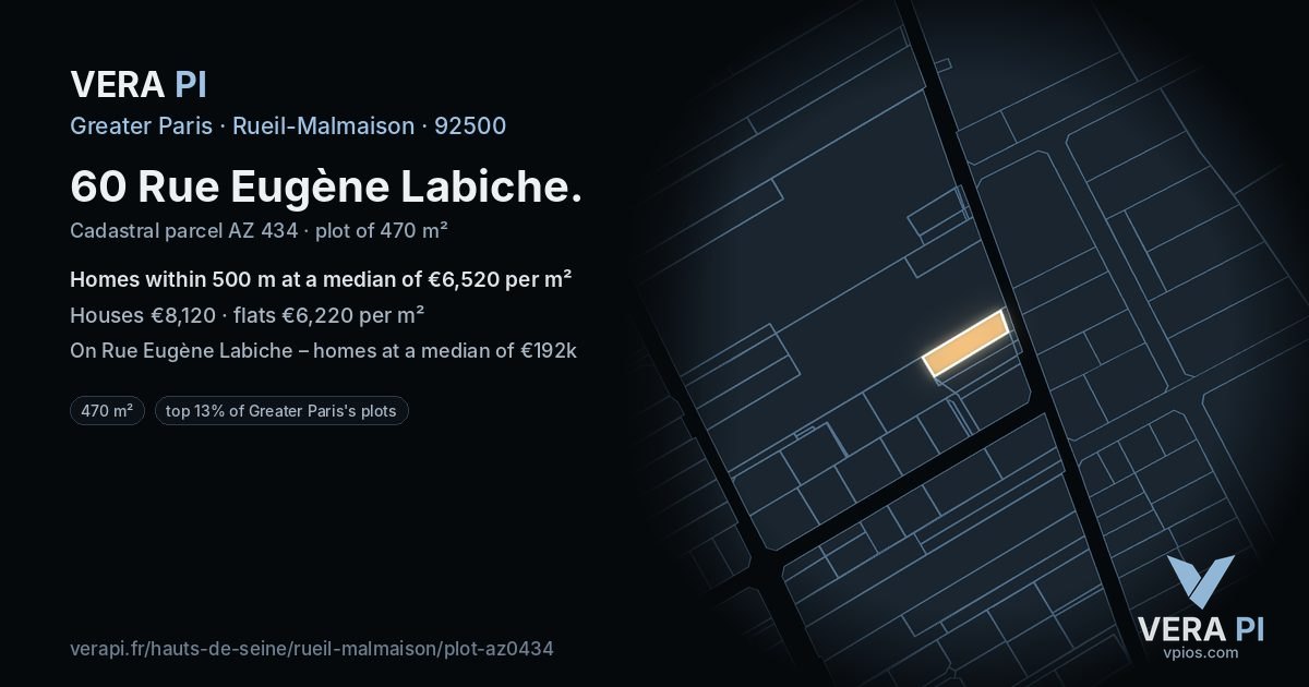 60 Rue Eugène Labiche, Rueil-Malmaison at night – the plot lit, the parcels around coloured by the prices near them