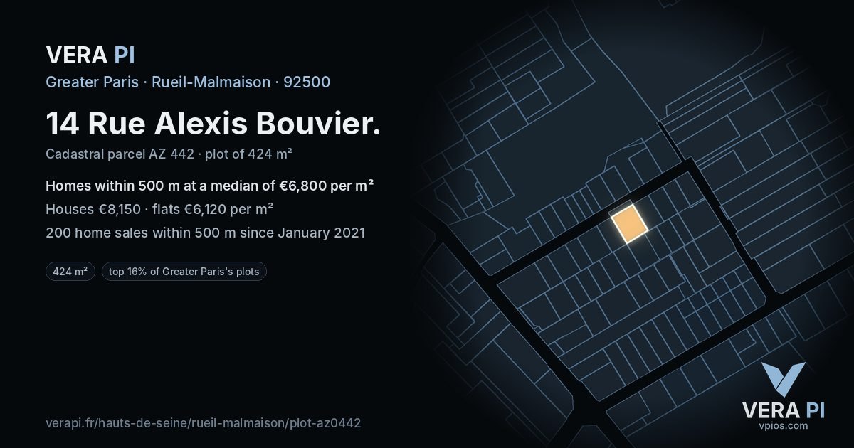 14 Rue Alexis Bouvier, Rueil-Malmaison at night – the plot lit, the parcels around coloured by the prices near them
