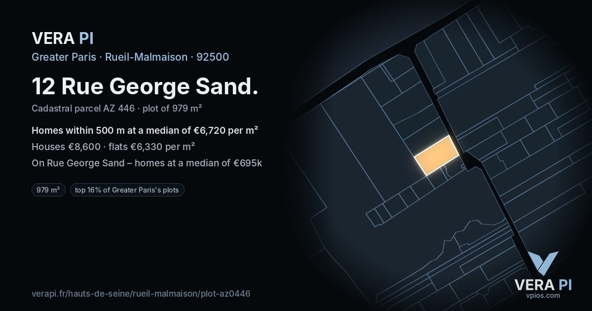 12 Rue George Sand, Rueil-Malmaison at night – the plot lit, the parcels around coloured by the prices near them