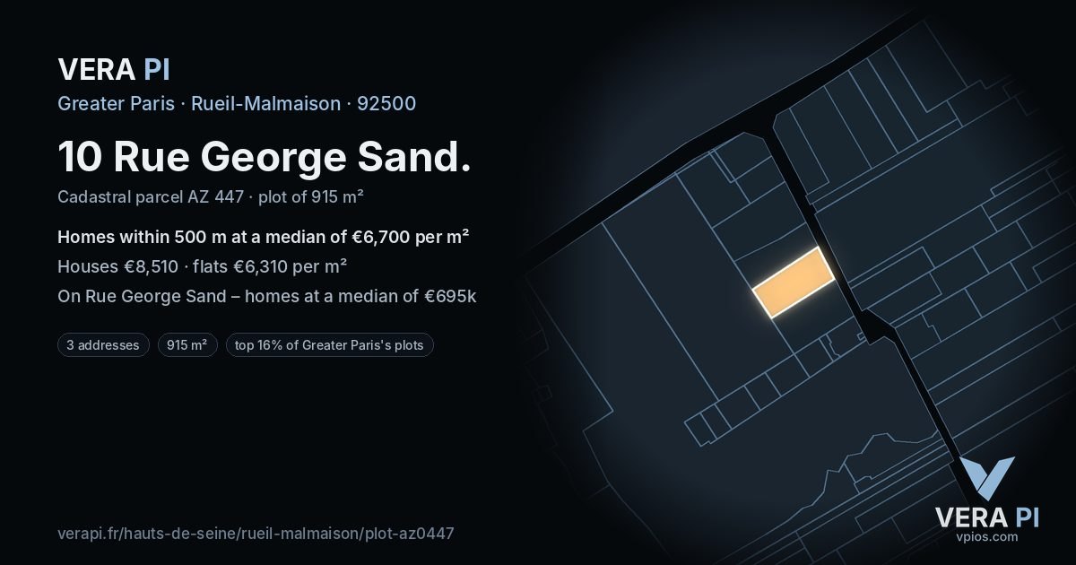 10 Rue George Sand, Rueil-Malmaison at night – the plot lit, the parcels around coloured by the prices near them
