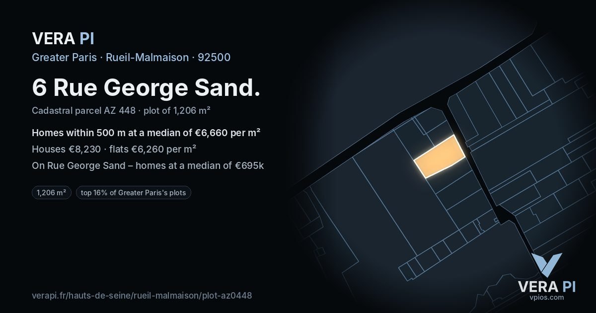 6 Rue George Sand, Rueil-Malmaison at night – the plot lit, the parcels around coloured by the prices near them