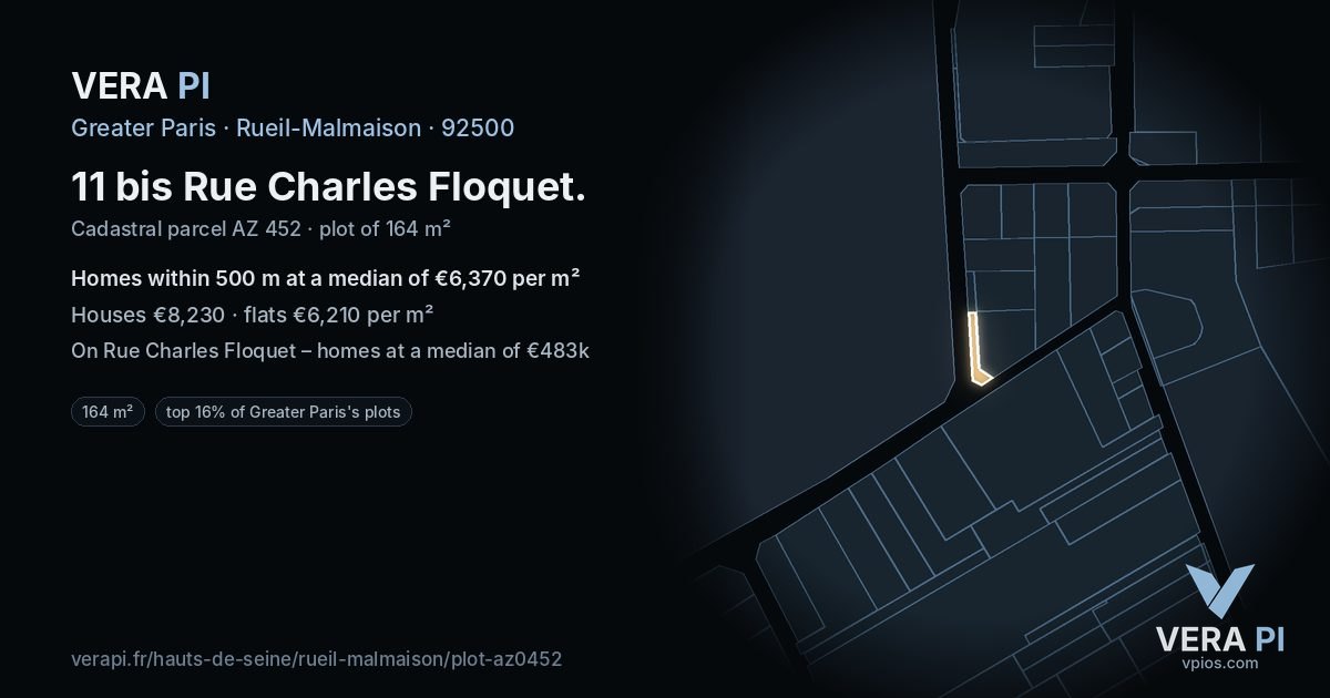11 bis Rue Charles Floquet, Rueil-Malmaison at night – the plot lit, the parcels around coloured by the prices near them