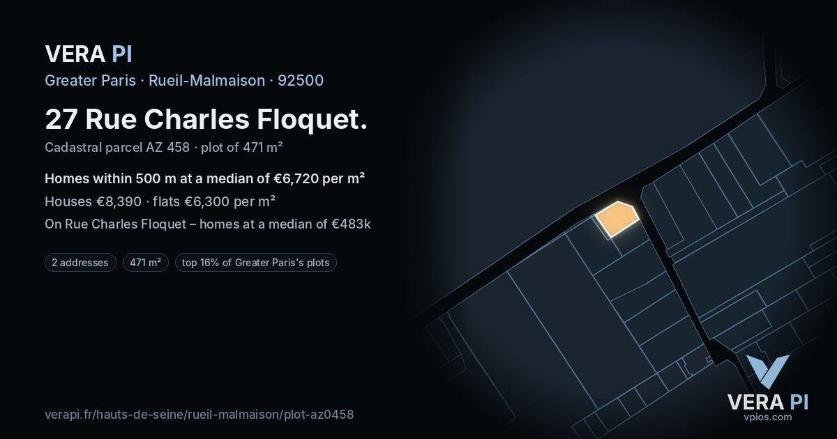 27 Rue Charles Floquet, Rueil-Malmaison at night – the plot lit, the parcels around coloured by the prices near them