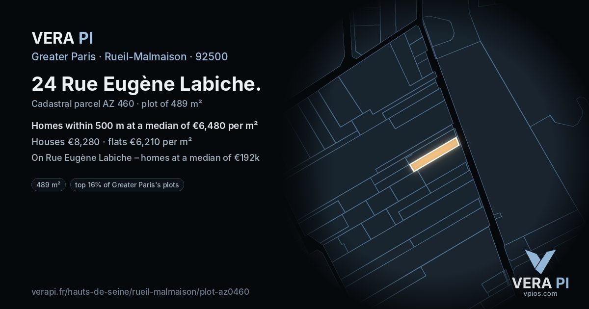24 Rue Eugène Labiche, Rueil-Malmaison at night – the plot lit, the parcels around coloured by the prices near them