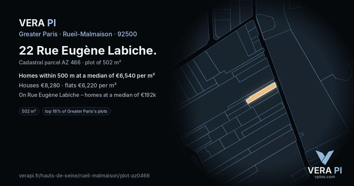 22 Rue Eugène Labiche, Rueil-Malmaison at night – the plot lit, the parcels around coloured by the prices near them