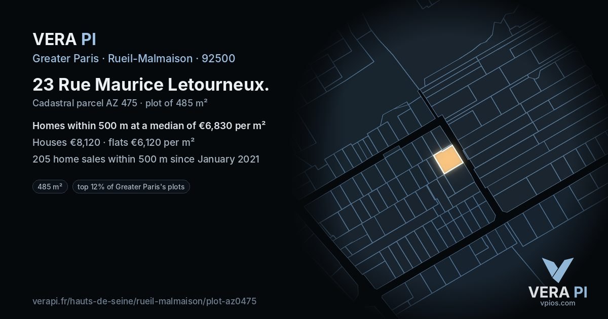23 Rue Maurice Letourneux, Rueil-Malmaison at night – the plot lit, the parcels around coloured by the prices near them