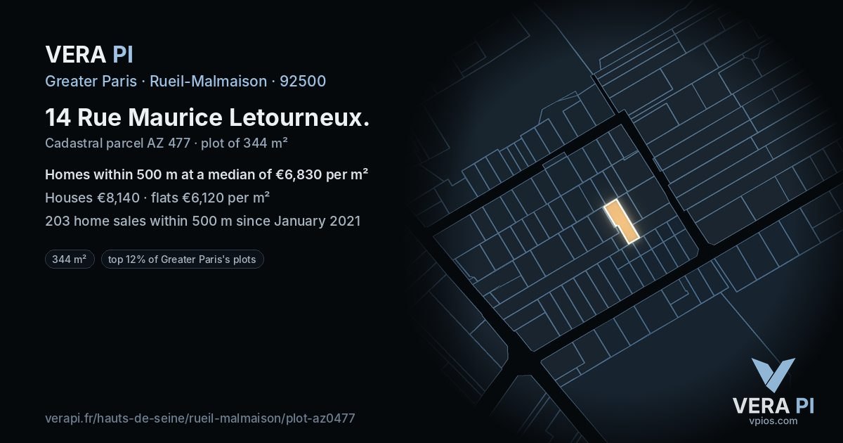 14 Rue Maurice Letourneux, Rueil-Malmaison at night – the plot lit, the parcels around coloured by the prices near them
