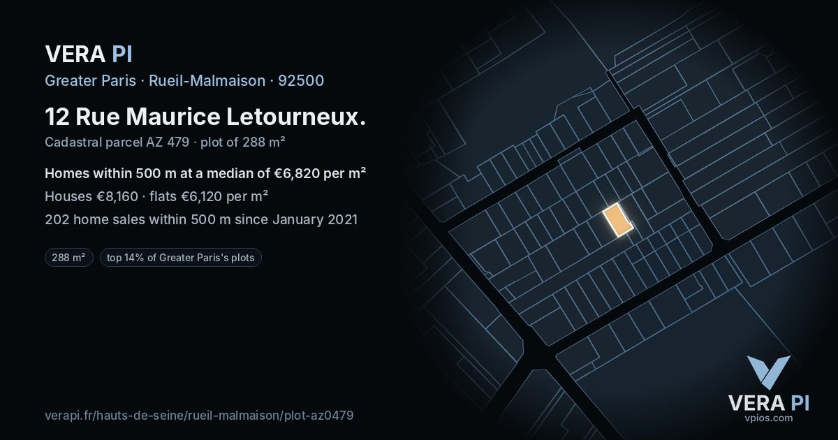 12 Rue Maurice Letourneux, Rueil-Malmaison at night – the plot lit, the parcels around coloured by the prices near them