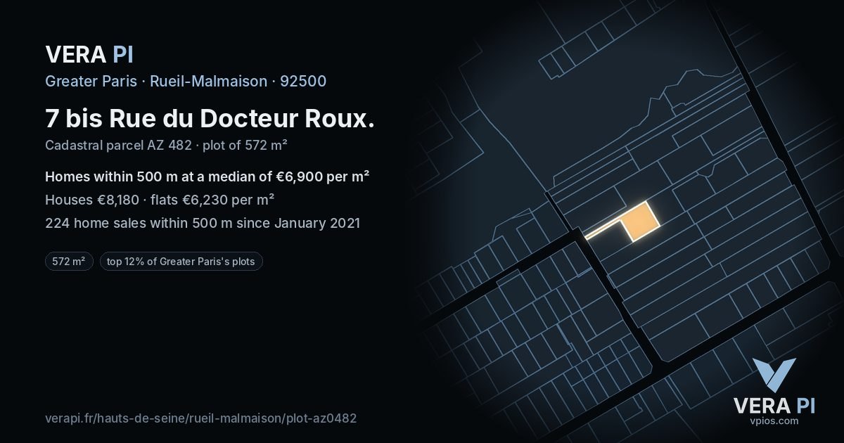 7 bis Rue du Docteur Roux, Rueil-Malmaison at night – the plot lit, the parcels around coloured by the prices near them