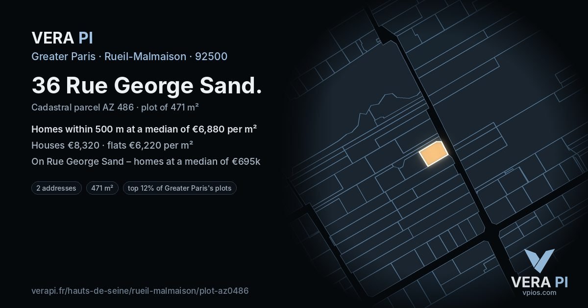 36 Rue George Sand, Rueil-Malmaison at night – the plot lit, the parcels around coloured by the prices near them