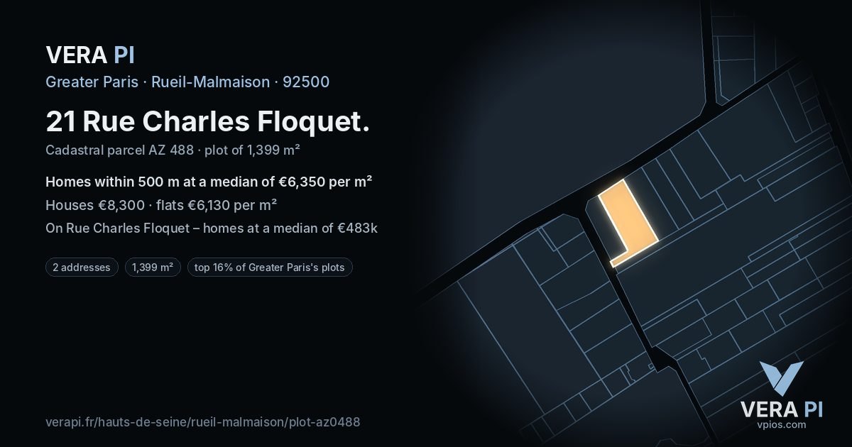 21 Rue Charles Floquet, Rueil-Malmaison at night – the plot lit, the parcels around coloured by the prices near them