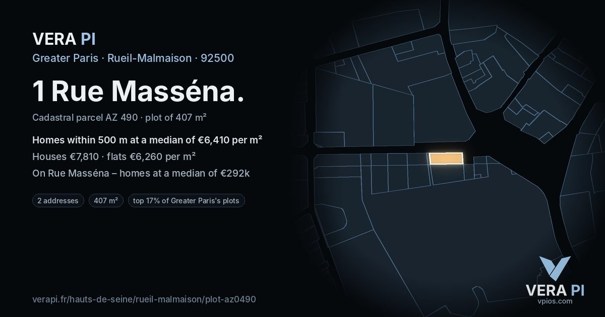 1 Rue Masséna, Rueil-Malmaison at night – the plot lit, the parcels around coloured by the prices near them