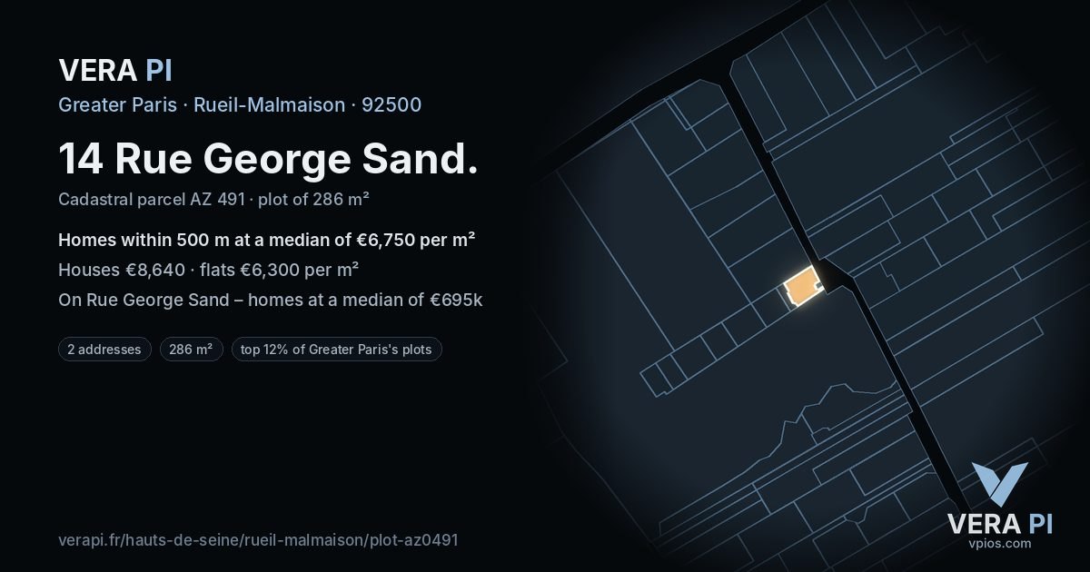 14 Rue George Sand, Rueil-Malmaison at night – the plot lit, the parcels around coloured by the prices near them
