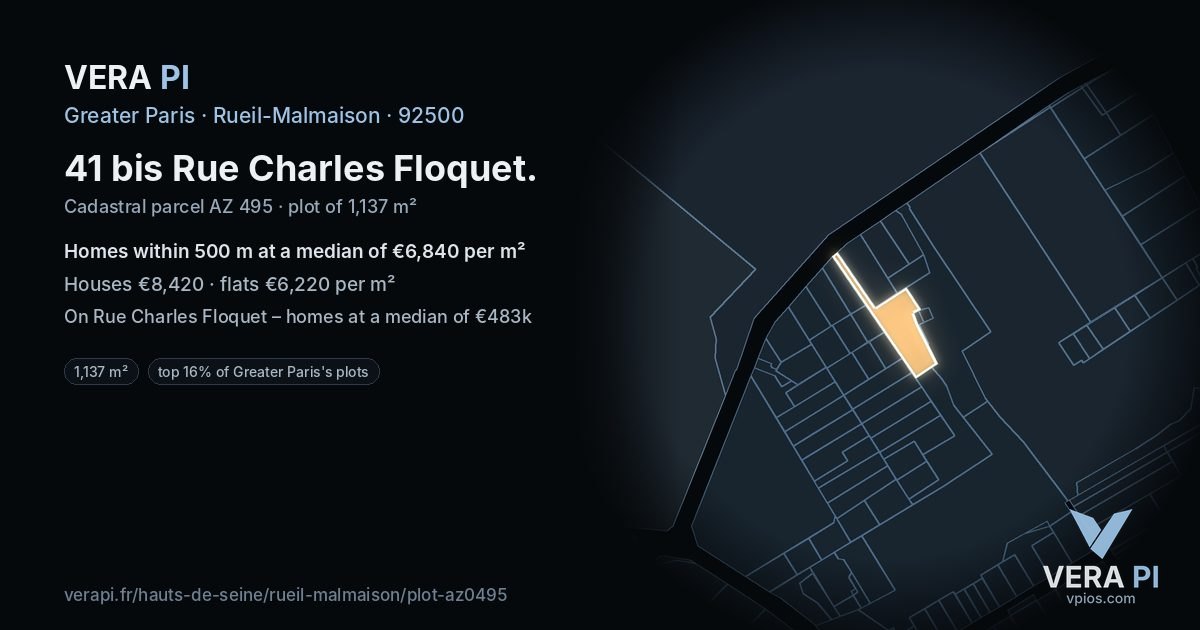 41 bis Rue Charles Floquet, Rueil-Malmaison at night – the plot lit, the parcels around coloured by the prices near them