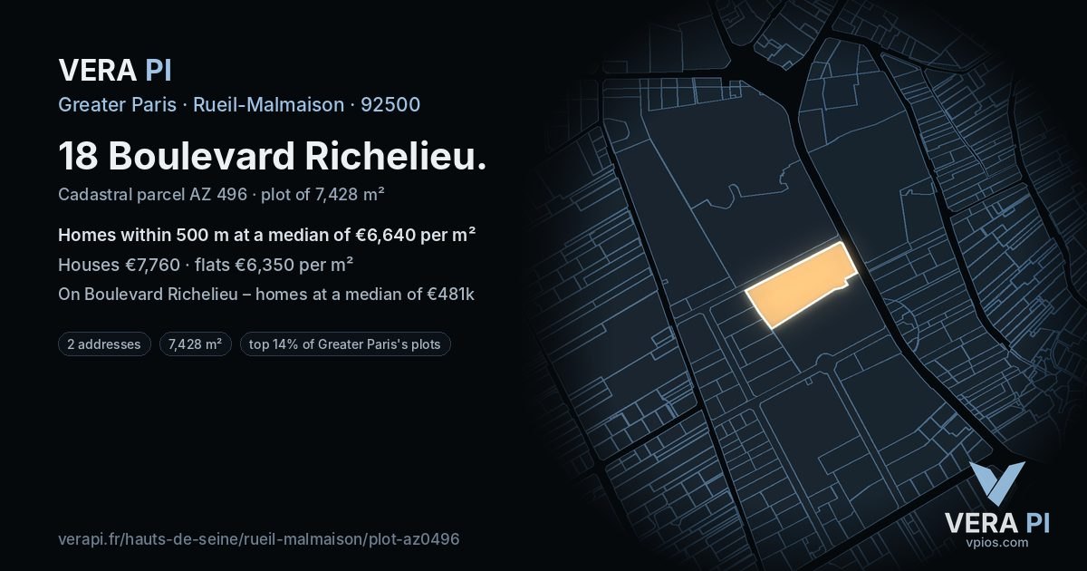 18 Boulevard Richelieu, Rueil-Malmaison at night – the plot lit, the parcels around coloured by the prices near them