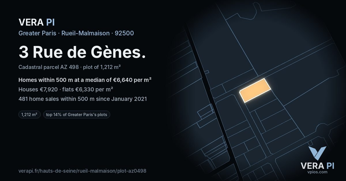 3 Rue de Gènes, Rueil-Malmaison at night – the plot lit, the parcels around coloured by the prices near them