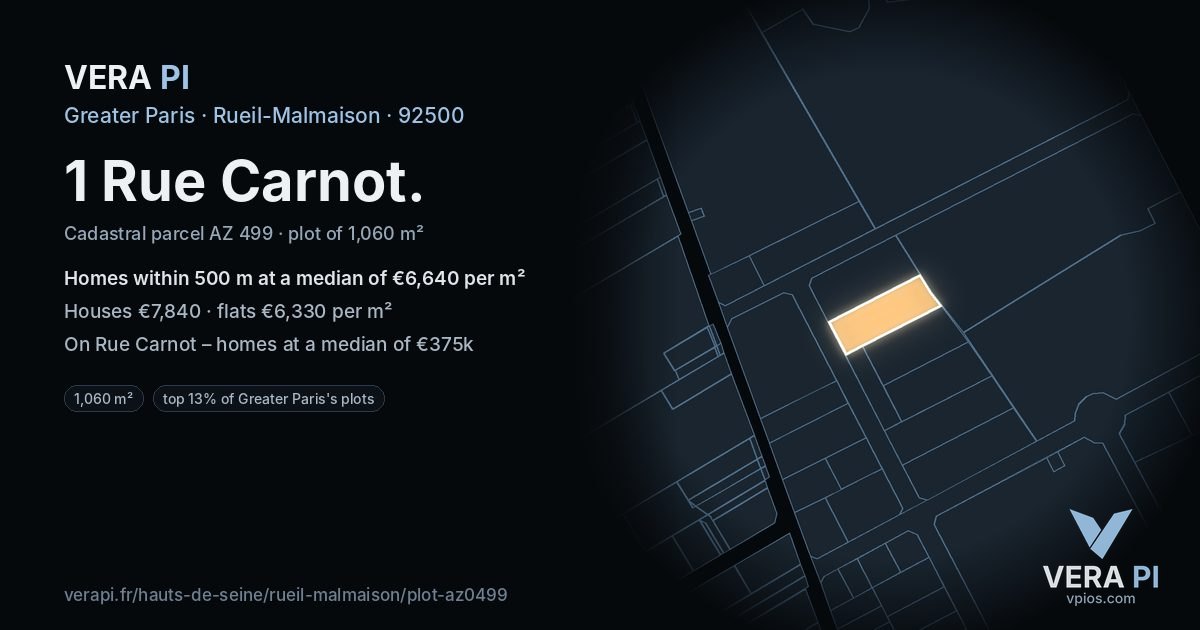 1 Rue Carnot, Rueil-Malmaison at night – the plot lit, the parcels around coloured by the prices near them