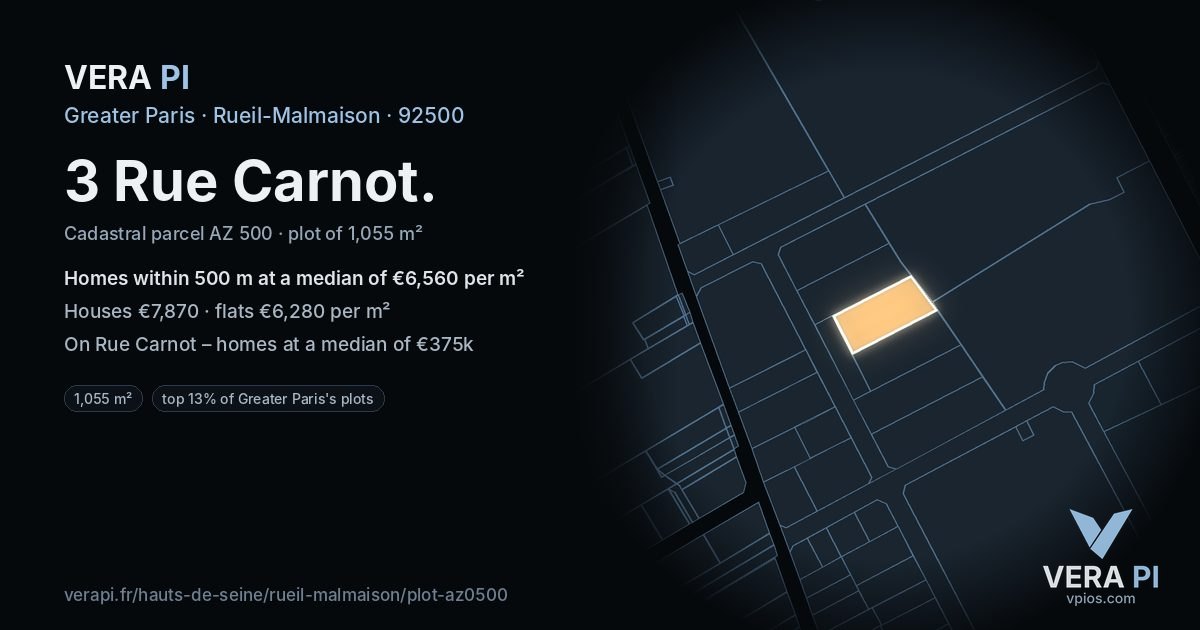 3 Rue Carnot, Rueil-Malmaison at night – the plot lit, the parcels around coloured by the prices near them
