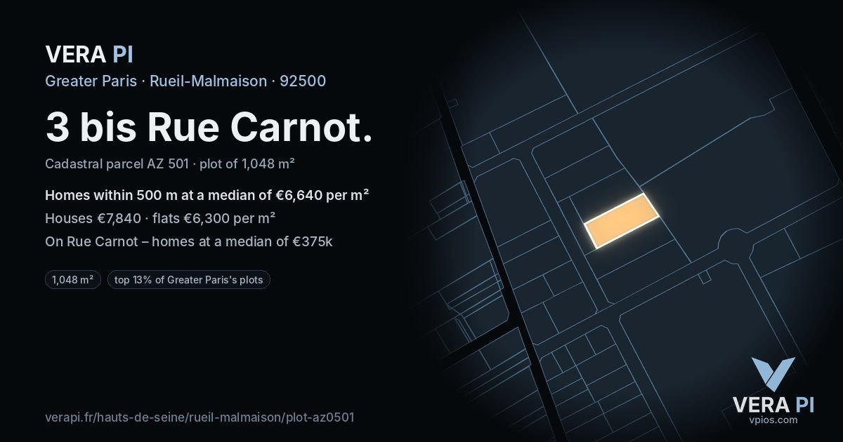 3 bis Rue Carnot, Rueil-Malmaison at night – the plot lit, the parcels around coloured by the prices near them
