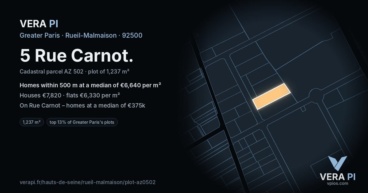 5 Rue Carnot, Rueil-Malmaison at night – the plot lit, the parcels around coloured by the prices near them