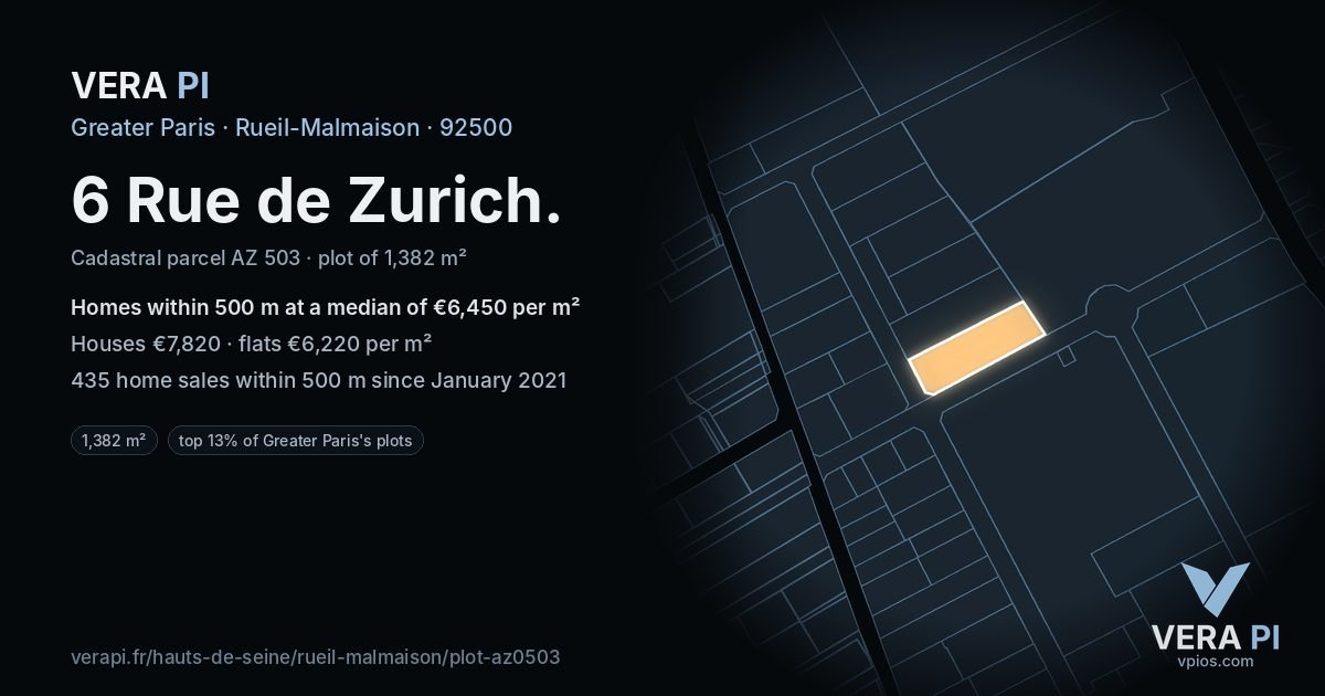 6 Rue de Zurich, Rueil-Malmaison at night – the plot lit, the parcels around coloured by the prices near them