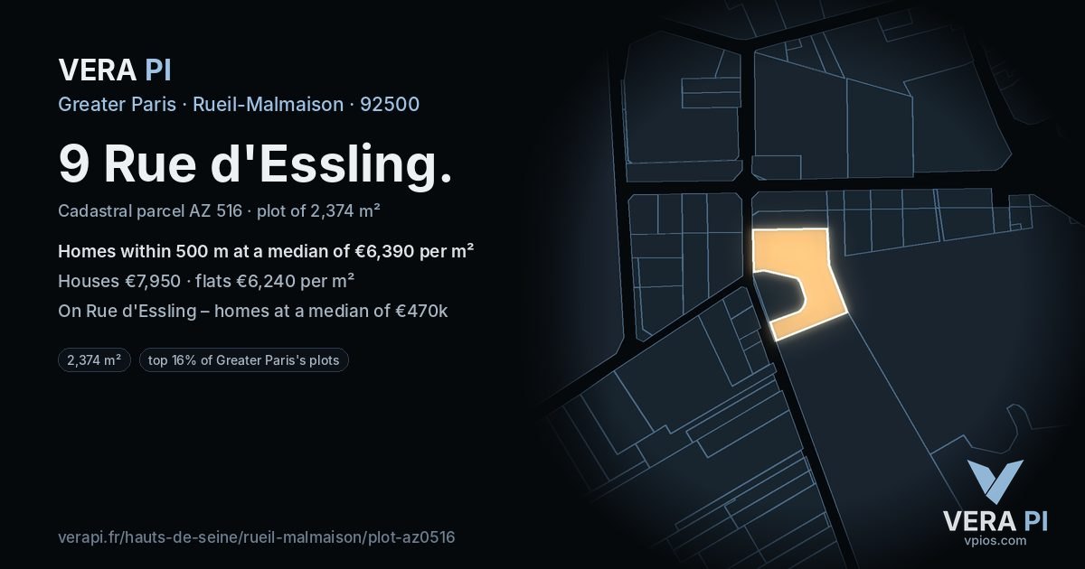 9 Rue d'Essling, Rueil-Malmaison at night – the plot lit, the parcels around coloured by the prices near them
