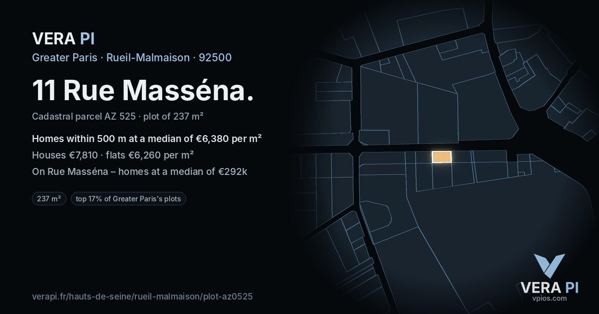 11 Rue Masséna, Rueil-Malmaison at night – the plot lit, the parcels around coloured by the prices near them