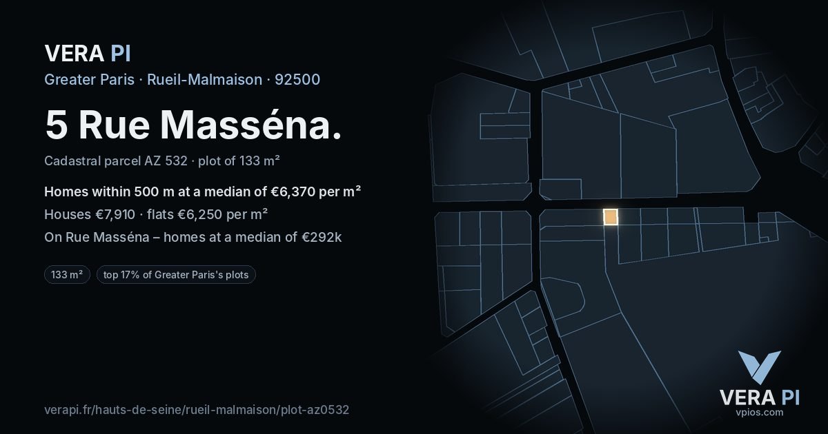 5 Rue Masséna, Rueil-Malmaison at night – the plot lit, the parcels around coloured by the prices near them