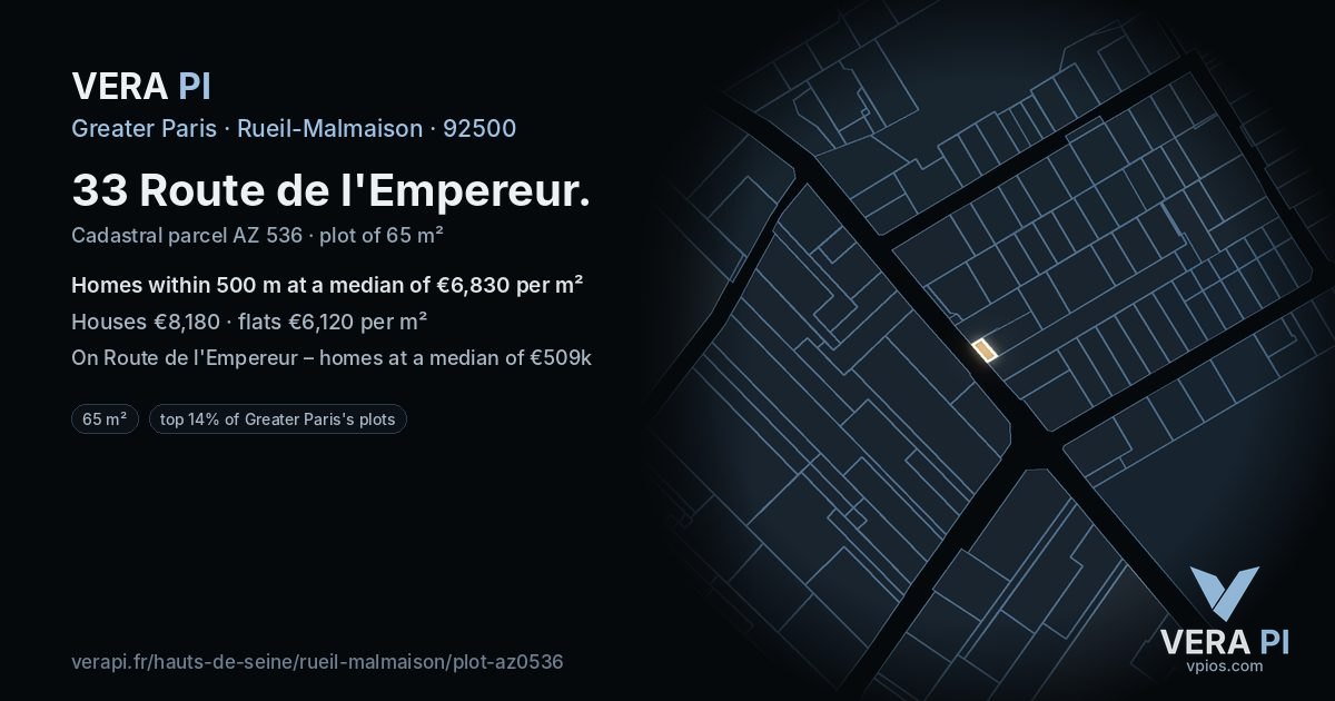 33 Route de l'Empereur, Rueil-Malmaison at night – the plot lit, the parcels around coloured by the prices near them