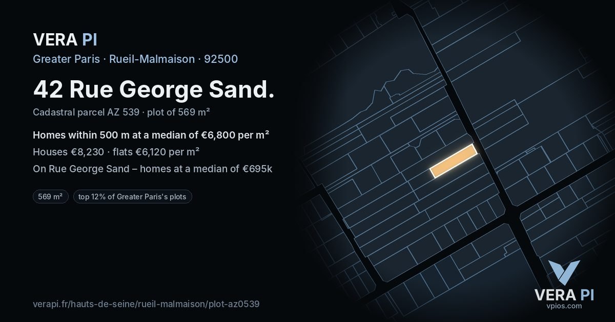42 Rue George Sand, Rueil-Malmaison at night – the plot lit, the parcels around coloured by the prices near them