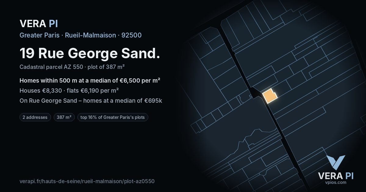 19 Rue George Sand, Rueil-Malmaison at night – the plot lit, the parcels around coloured by the prices near them