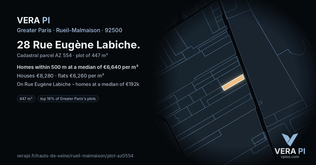 28 Rue Eugène Labiche, Rueil-Malmaison at night – the plot lit, the parcels around coloured by the prices near them
