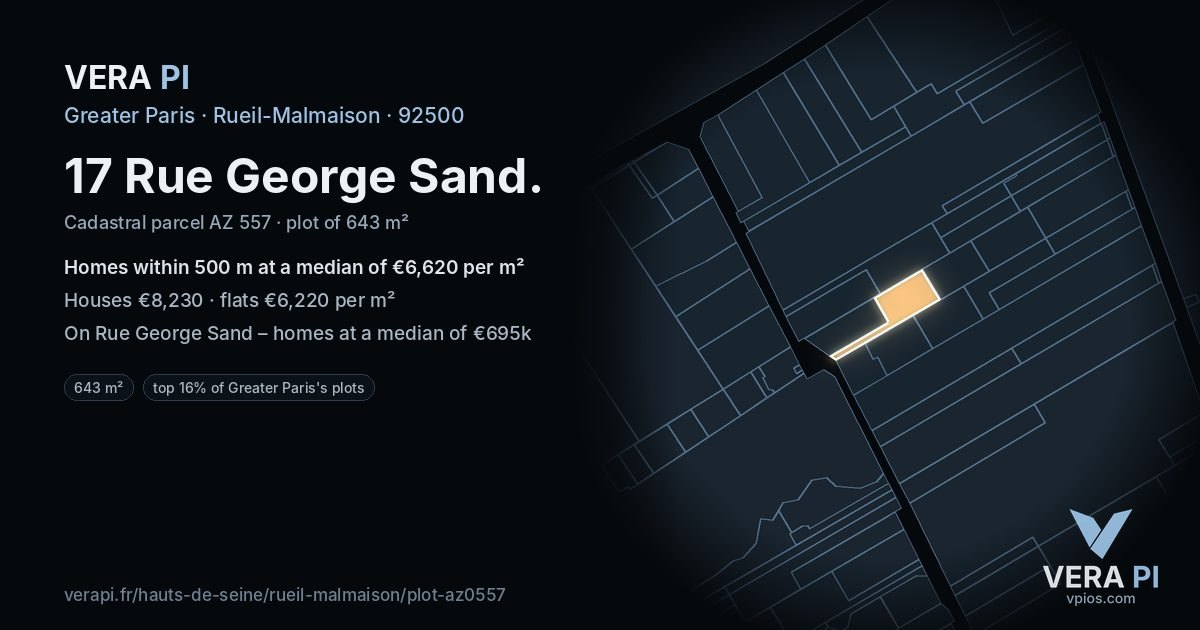 17 Rue George Sand, Rueil-Malmaison at night – the plot lit, the parcels around coloured by the prices near them