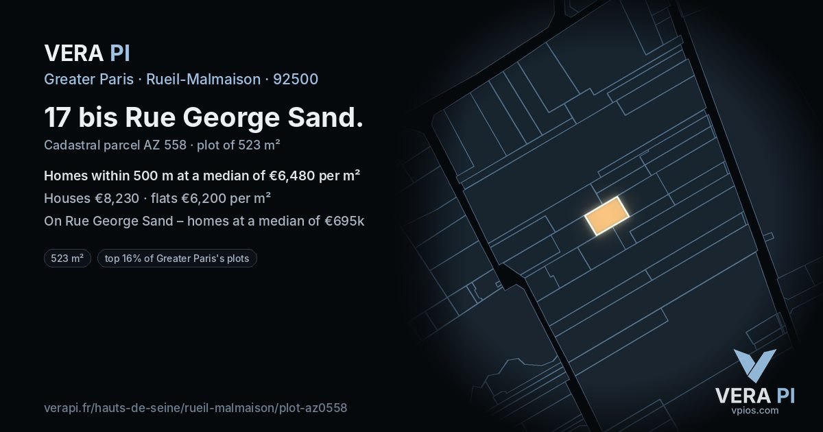 17 bis Rue George Sand, Rueil-Malmaison at night – the plot lit, the parcels around coloured by the prices near them