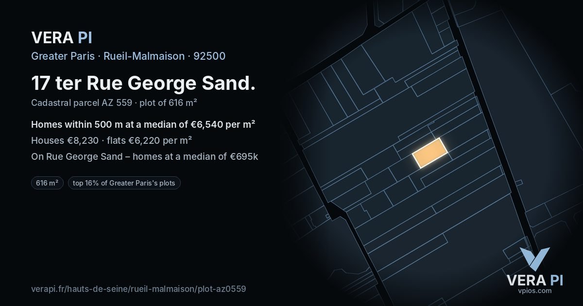17 ter Rue George Sand, Rueil-Malmaison at night – the plot lit, the parcels around coloured by the prices near them