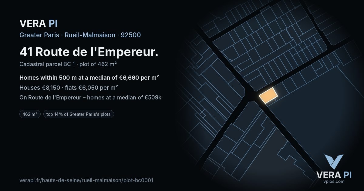 41 Route de l'Empereur, Rueil-Malmaison at night – the plot lit, the parcels around coloured by the prices near them