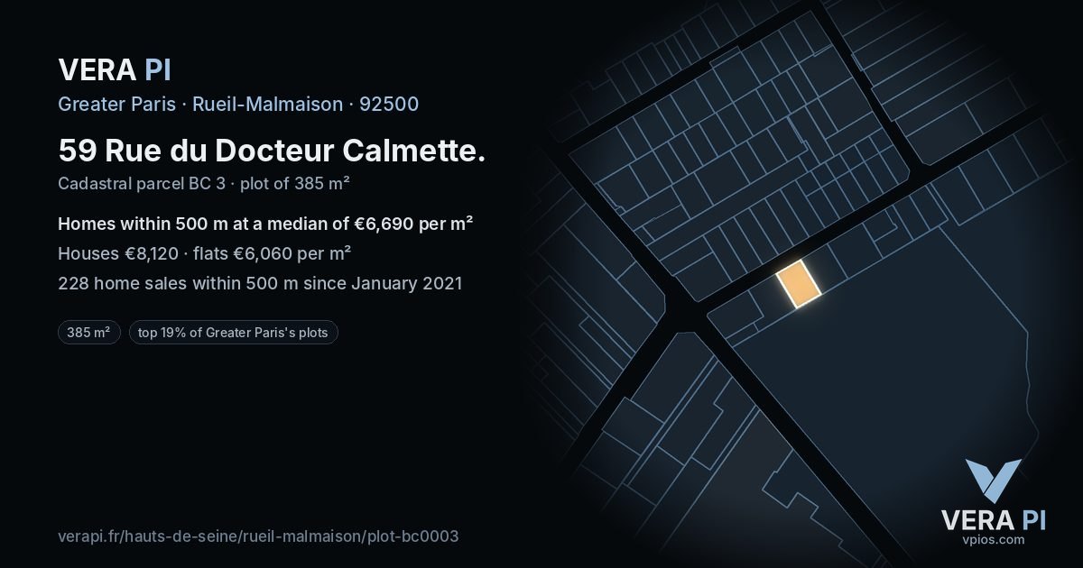 59 Rue du Docteur Calmette, Rueil-Malmaison at night – the plot lit, the parcels around coloured by the prices near them