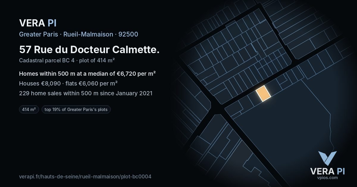 57 Rue du Docteur Calmette, Rueil-Malmaison at night – the plot lit, the parcels around coloured by the prices near them