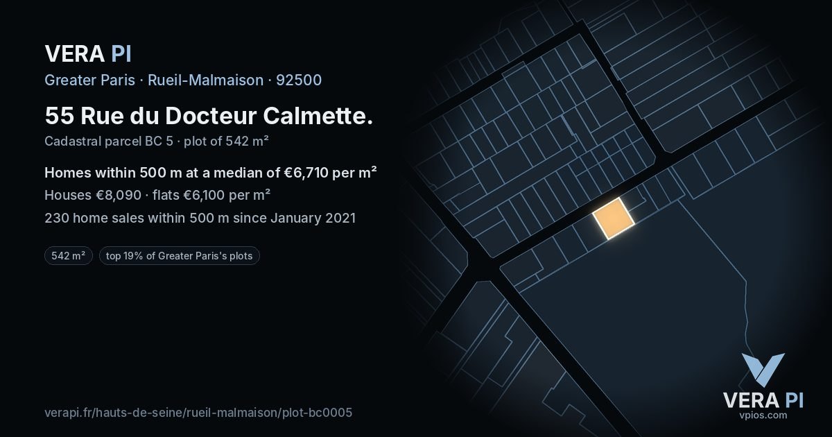 55 Rue du Docteur Calmette, Rueil-Malmaison at night – the plot lit, the parcels around coloured by the prices near them