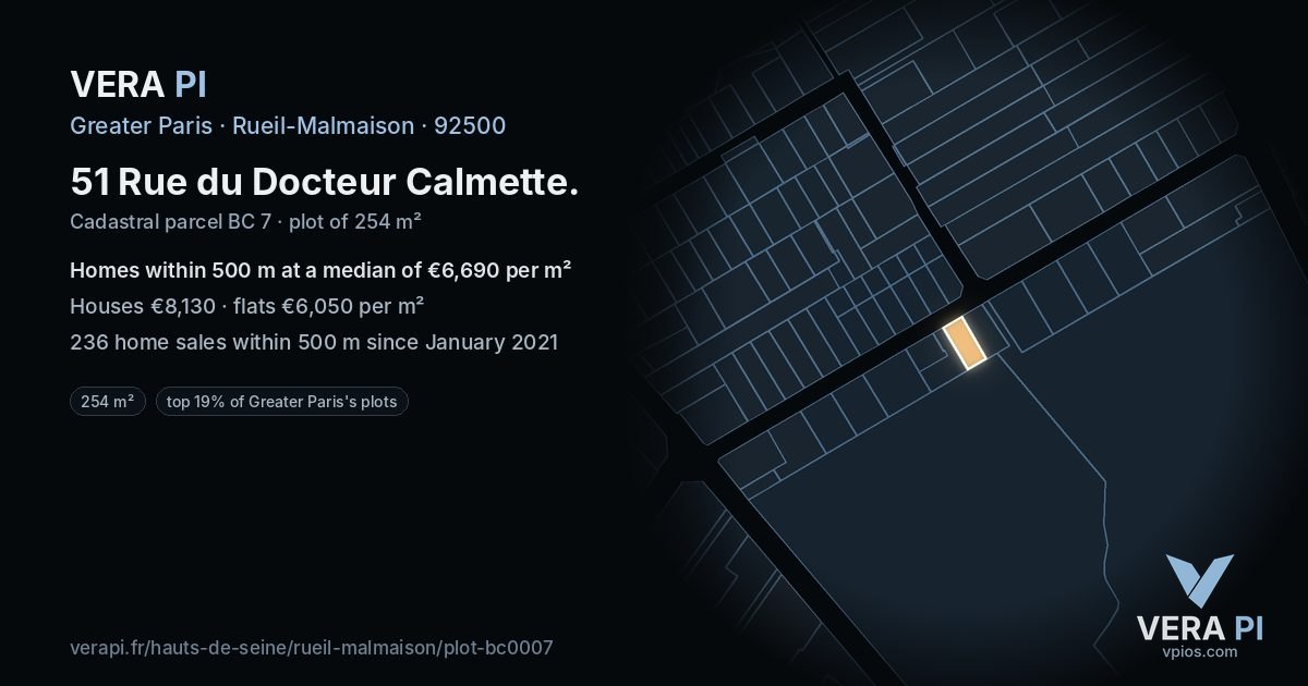51 Rue du Docteur Calmette, Rueil-Malmaison at night – the plot lit, the parcels around coloured by the prices near them