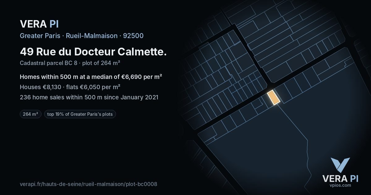 49 Rue du Docteur Calmette, Rueil-Malmaison at night – the plot lit, the parcels around coloured by the prices near them