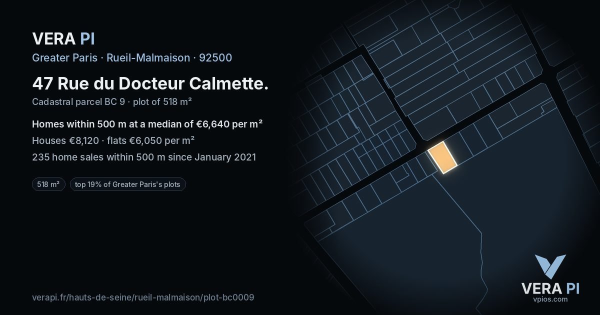 47 Rue du Docteur Calmette, Rueil-Malmaison at night – the plot lit, the parcels around coloured by the prices near them