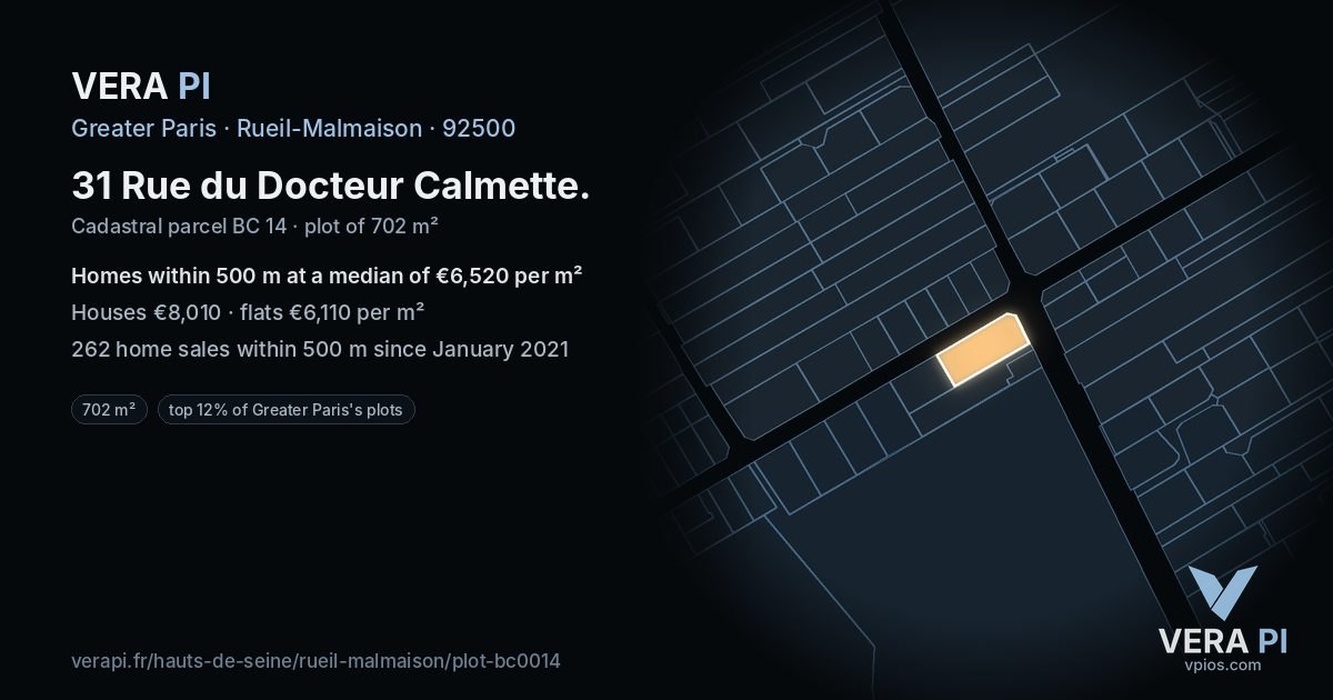 31 Rue du Docteur Calmette, Rueil-Malmaison at night – the plot lit, the parcels around coloured by the prices near them